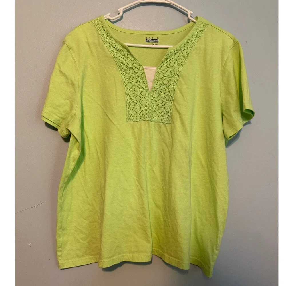 Basic Editions XXL Lime Green Crochet Lace Trim V-Neck Short Sleeve Cotton 1806